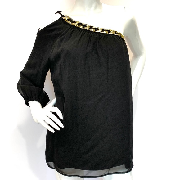 Julie Brown NYC Sheer Black One Shoulder Blouse Gold Chain Neckline - Picture 4 of 8